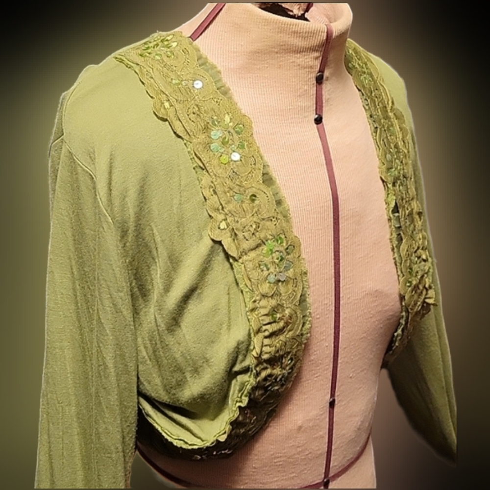 Vtg Y2K Harley Davidson olive green sequins lace long sleeve bolero shrug L NWT - Picture 14 of 16